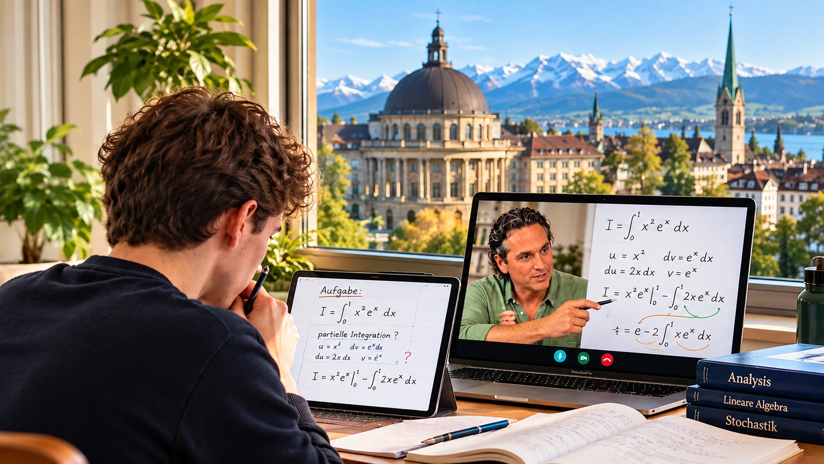 Hochschulstudent bearbeitet eine Mathematikaufgabe, während Joe Leis ihn online begleitet